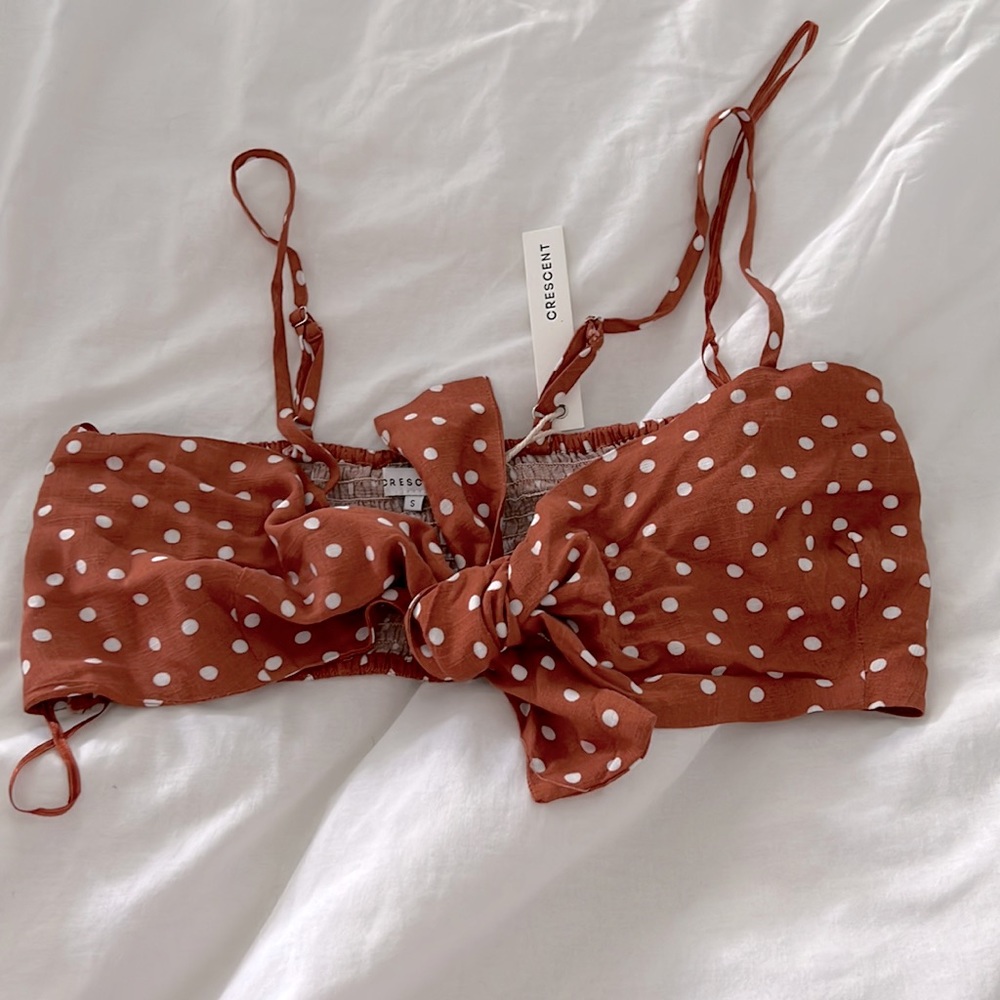 Crescent 2piece outfit. Rust color with white polka dots. Size S new with tags